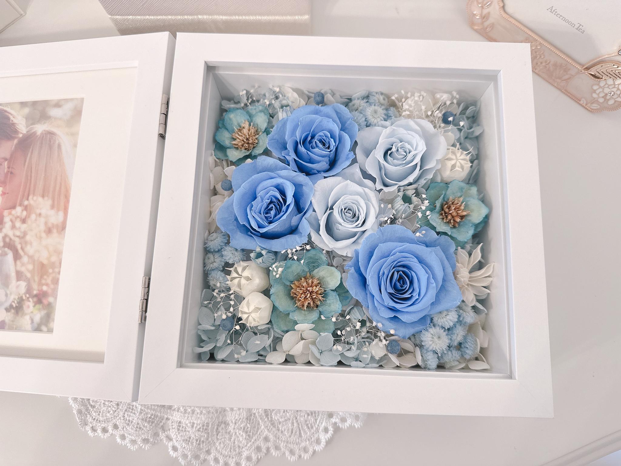 【出産祝い・男の子】フォトフレーム BOXアレンジ 写真立て バラ ブルー 青 結婚祝 誕生祝 記念日 ベビーギフト | 10枚目